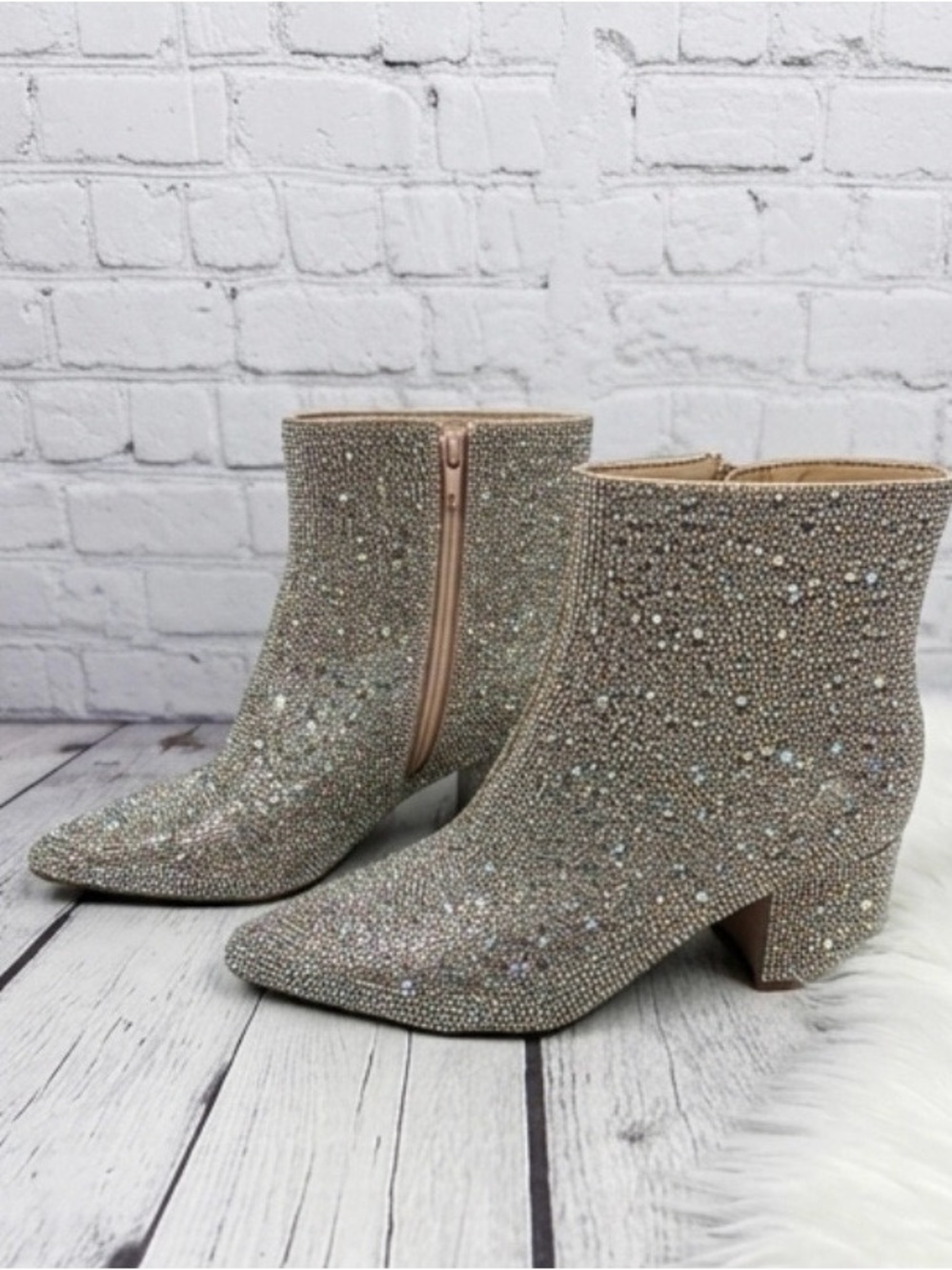 Betsey Johnson Silver Crystal Embellished Pointed Ankle Boots ‘Blue’ - Picture 5 of 9